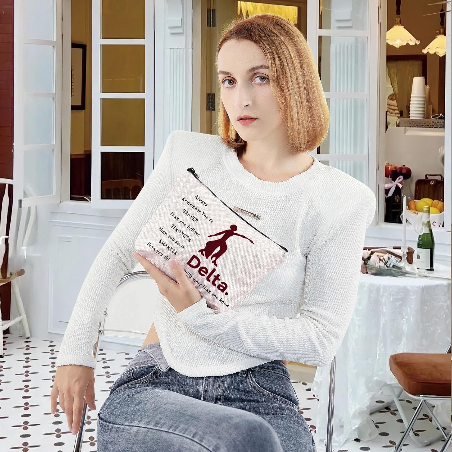 LEVLO Sorority Cosmetic Make up Bag Sorority Inspired Gifts You Are Braver Stronger Smarter Than You Think Makeup Zipper Pouch Bag (De Bag) - Image 6