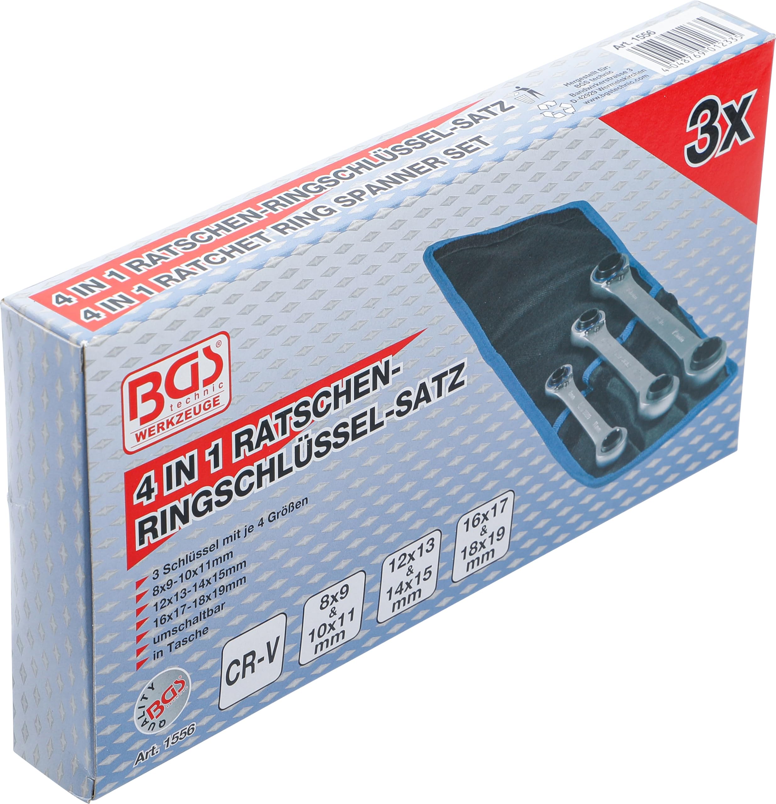 BGS 1556 | Juego de llaves combinadas con carraca | reversible | "4 en 1" | 3 piezas