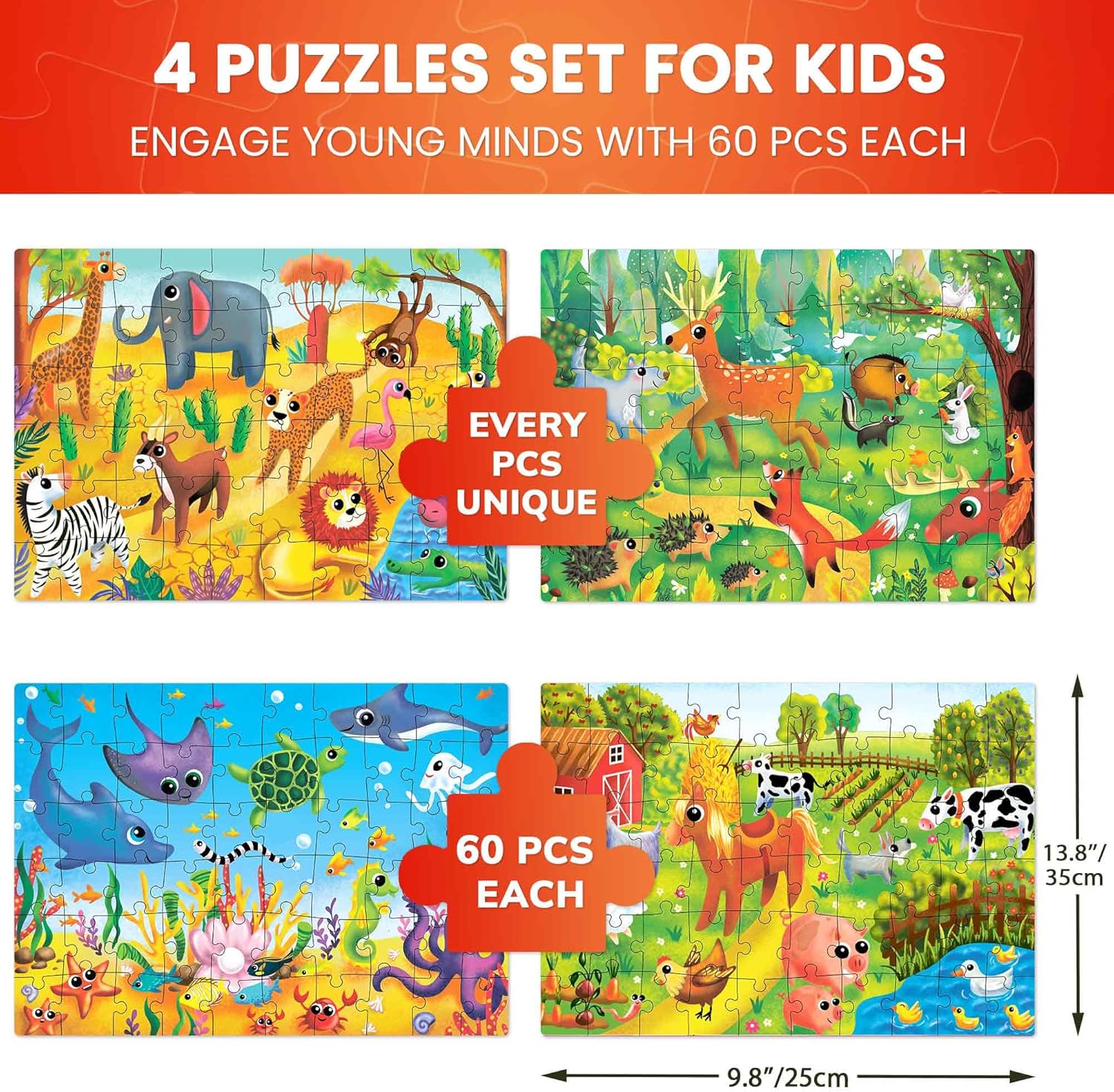 QUOKKA Puzzles for Kids Ages 4-6 - Set of 4x60 Jigsaw Puzzles for Toddlers 3-5 - Animals Toys for Children 6-8 yo - Gift Educational Game for Boys & Girls - Image 3
