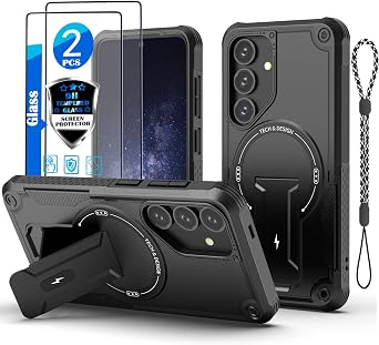 for Samsung Galaxy S24 case/S25 case[Compatible with MagSafe][with 2 Pcs Fingerprint Unlock Glass Screen Protector][Built in Invisible Stand]Shockproof Protective Phone Cover 6.2-inchBlack