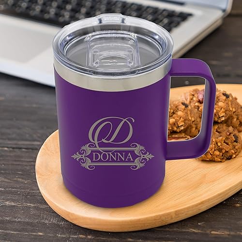 Miniatura 4 de My Personal Memories Taza de café de viaje personalizada y grabada de 15 onzas con asa y tapa, taza personalizada para llevar (morado mate)