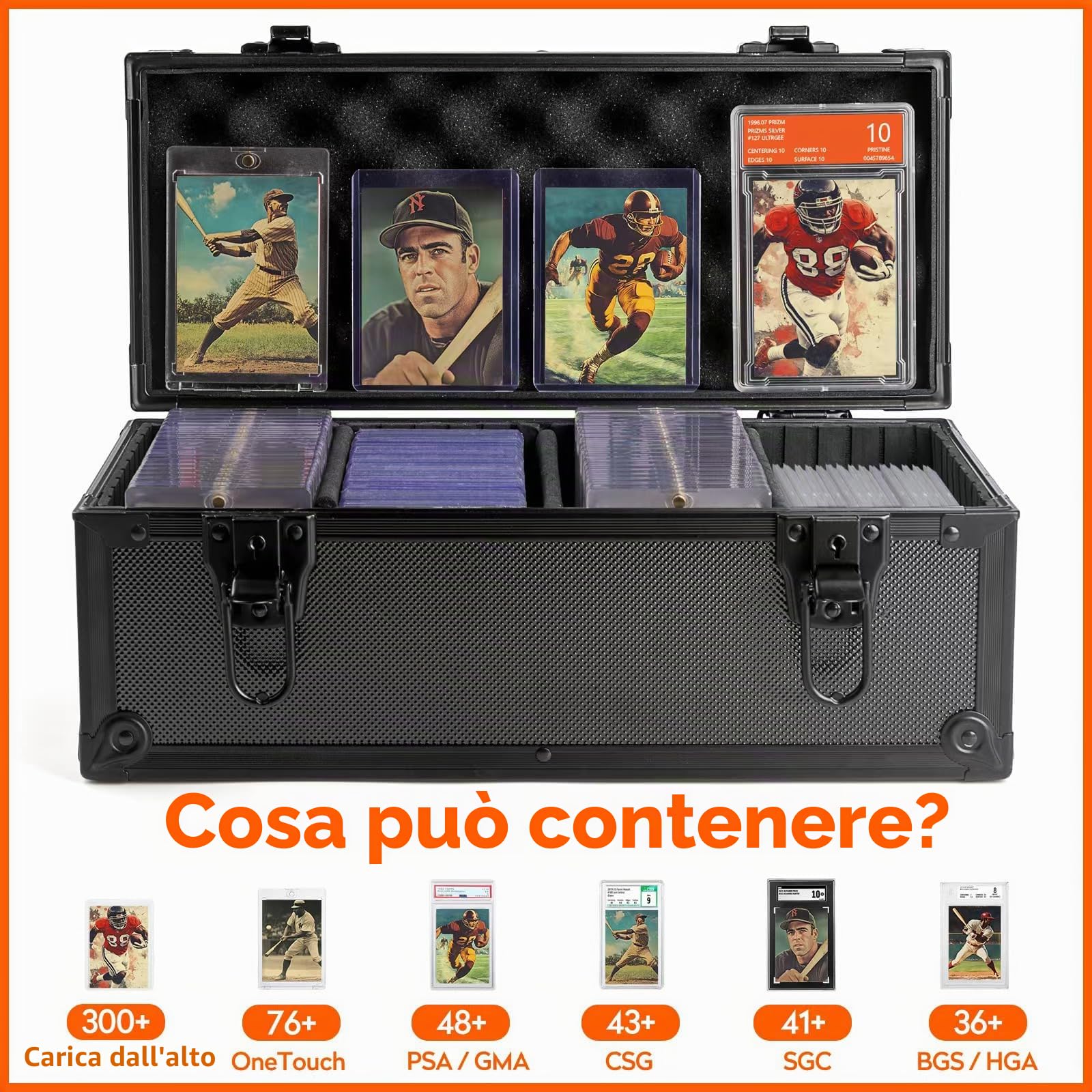 Scatola Porta Top Loader, Valigetta Carte Gradate con Lucchetti a Chiave, Trading Card Holder Box per 300+ Top Loaders, 76 One Touch (35pt), 48 PSA/GMA, 43 CSG, 41 SGC, 36 HGA