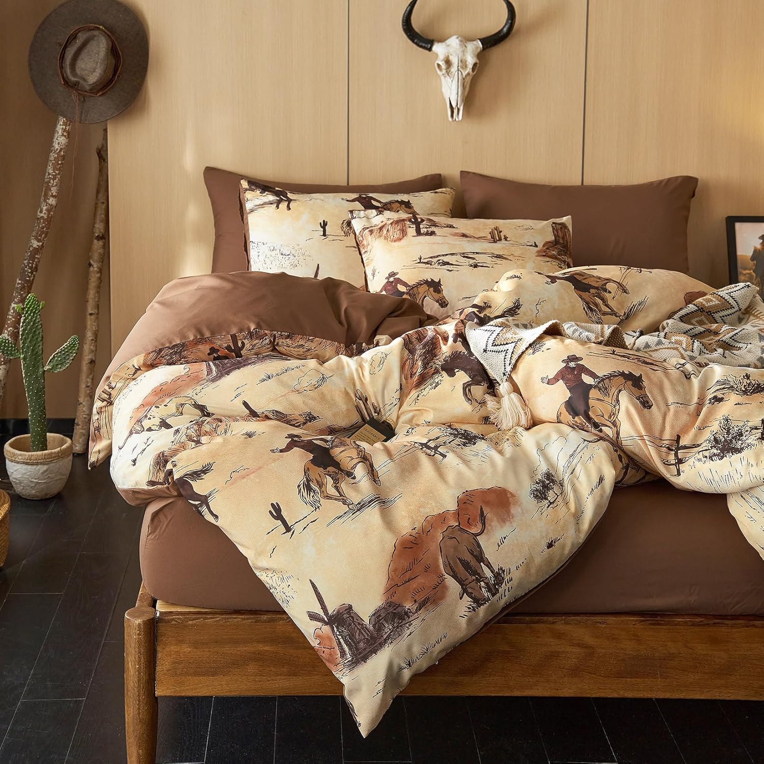Wake In Cloud - Western Comforter Set, Rustic Ranch Life with Cowboy Southwestern Vintage Country Pattern Printed, Soft Lightweight Bedding, 3 Pieces, Ochre Brown, Queen Size - Image 5