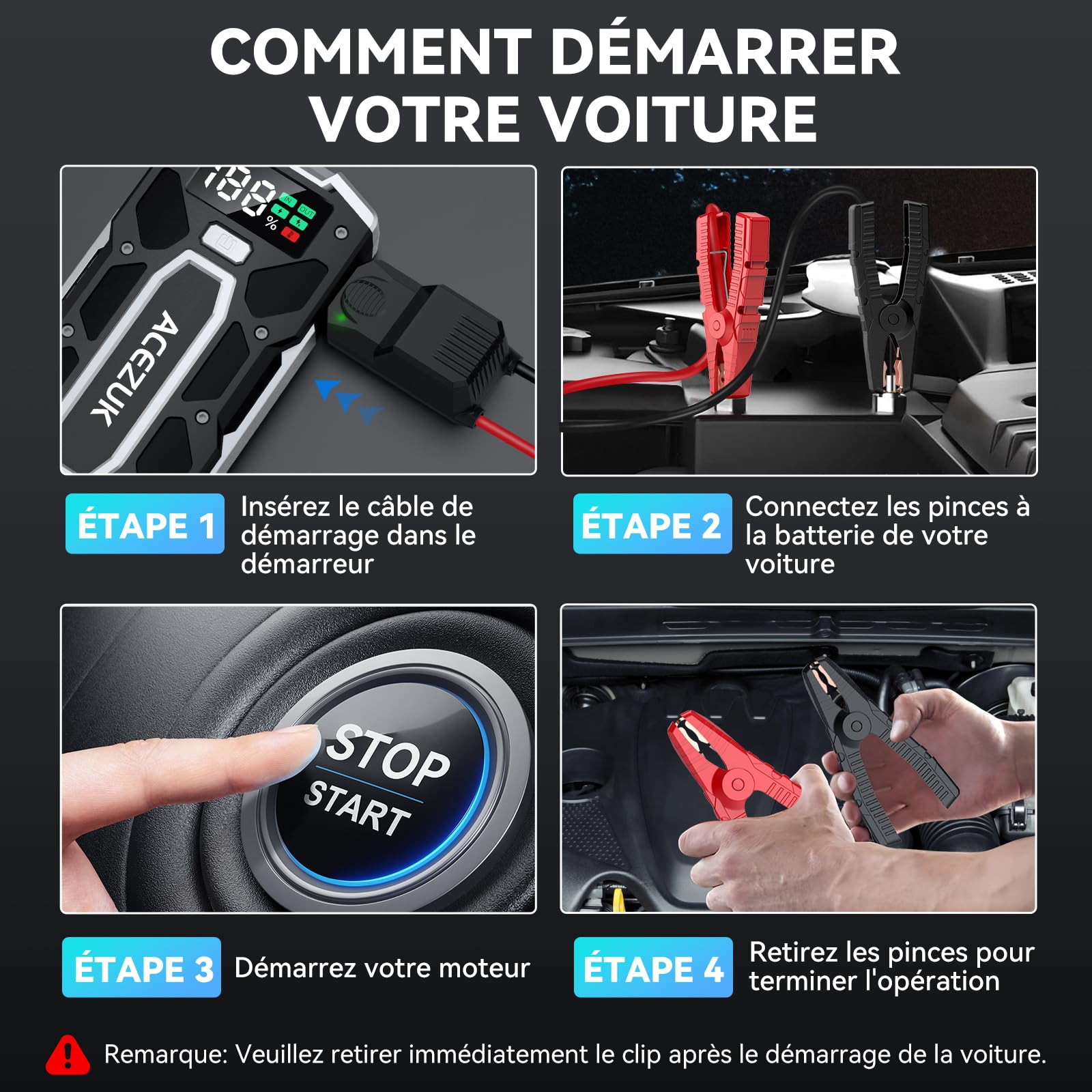 ACEZUK Booster Batterie Voiture 9000A, Démarreur de Batterie de Voiture Portable(Jusqu'à 8.0L Diesel ou 10.0L Gaz), 12V Jump Starter, Pinces Intelligentes avec Écran, Lumière LED, Port de QC3.0