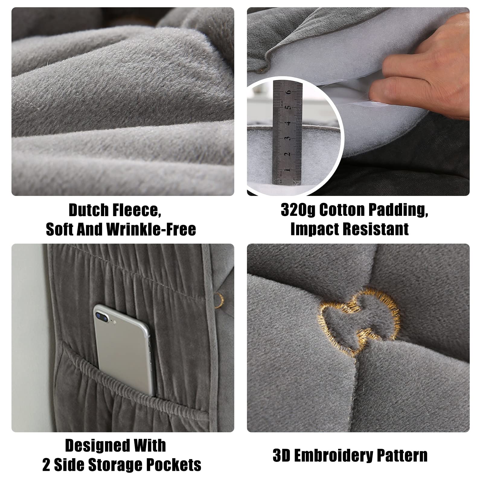 Lederen hoofdbordhoes voor tweepersoonsbed/kingsize stofdichte beschermhoes met zakken, beige grijs (150 cm past op 15 cm dikte