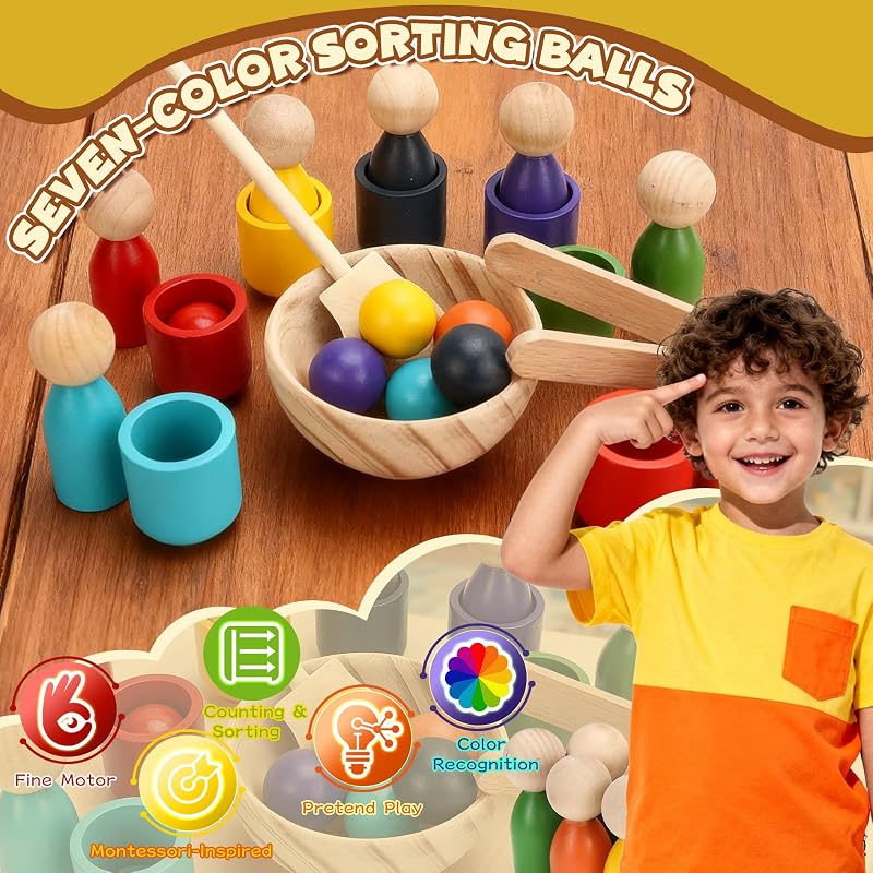Jucărie educativă Montessori din lemn DNGH cu biluțe colorate în pahare pentru sortarea culorilor și numărare, pentru copii de 2-3 ani