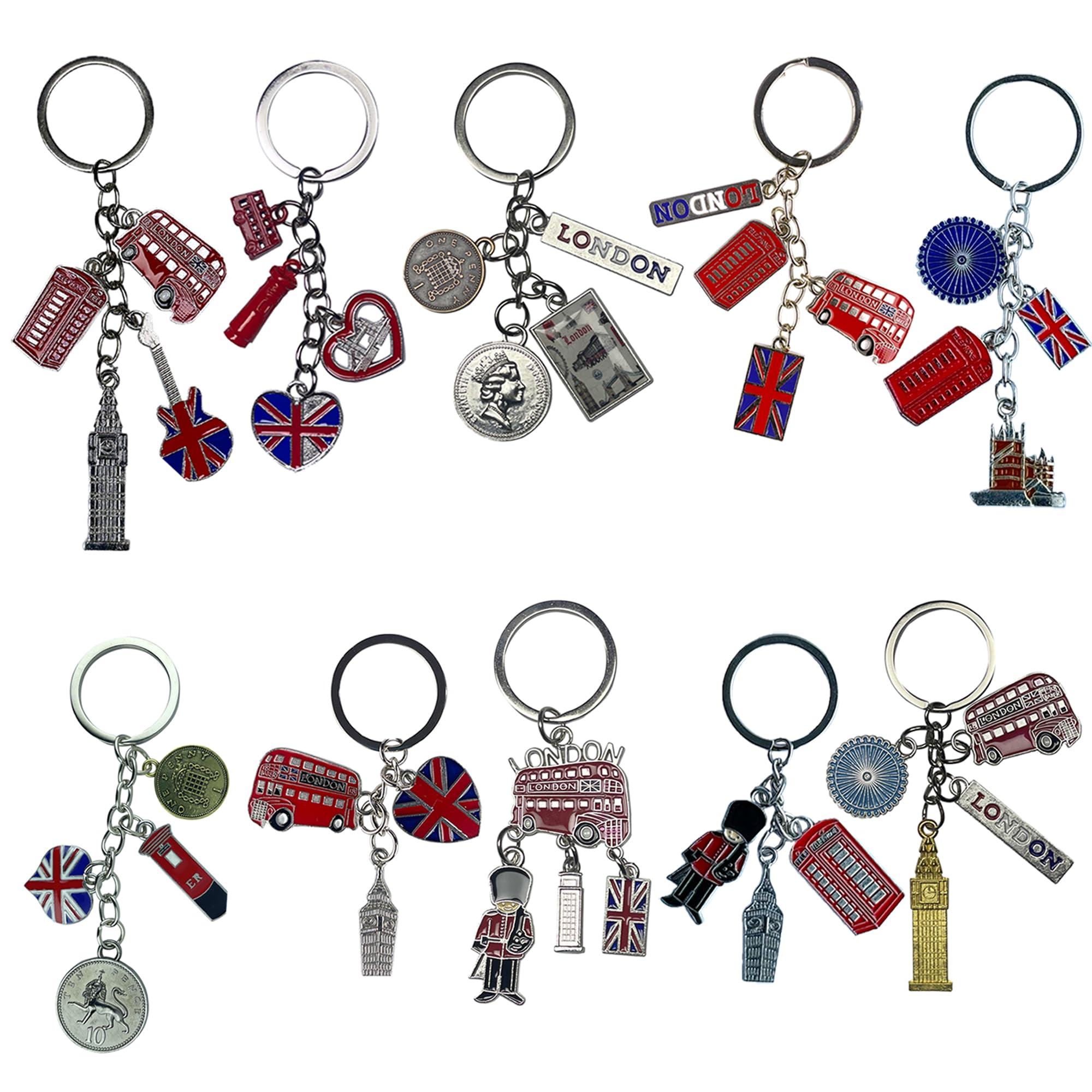 LILAJ Set of 8 London Souvenir Chain Keychains, Cute Keyring Ornament, British Icons - Telephone Booth, Double-Decker Bus, Big Ben, 3D Replicas, Ideal for Keys & Bags, Home Decor Gift