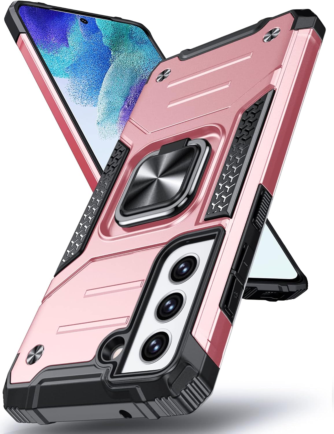 DASFOND Armor Case for Samsung Galaxy S21 FE 2022 5G Case Military Shockproof Mobile Phone Case [Upgrade 2.0] 360 Degree Metal Ring Holder Stand Protective Case [for Mobile Phone Holder Car Magnet] Pink