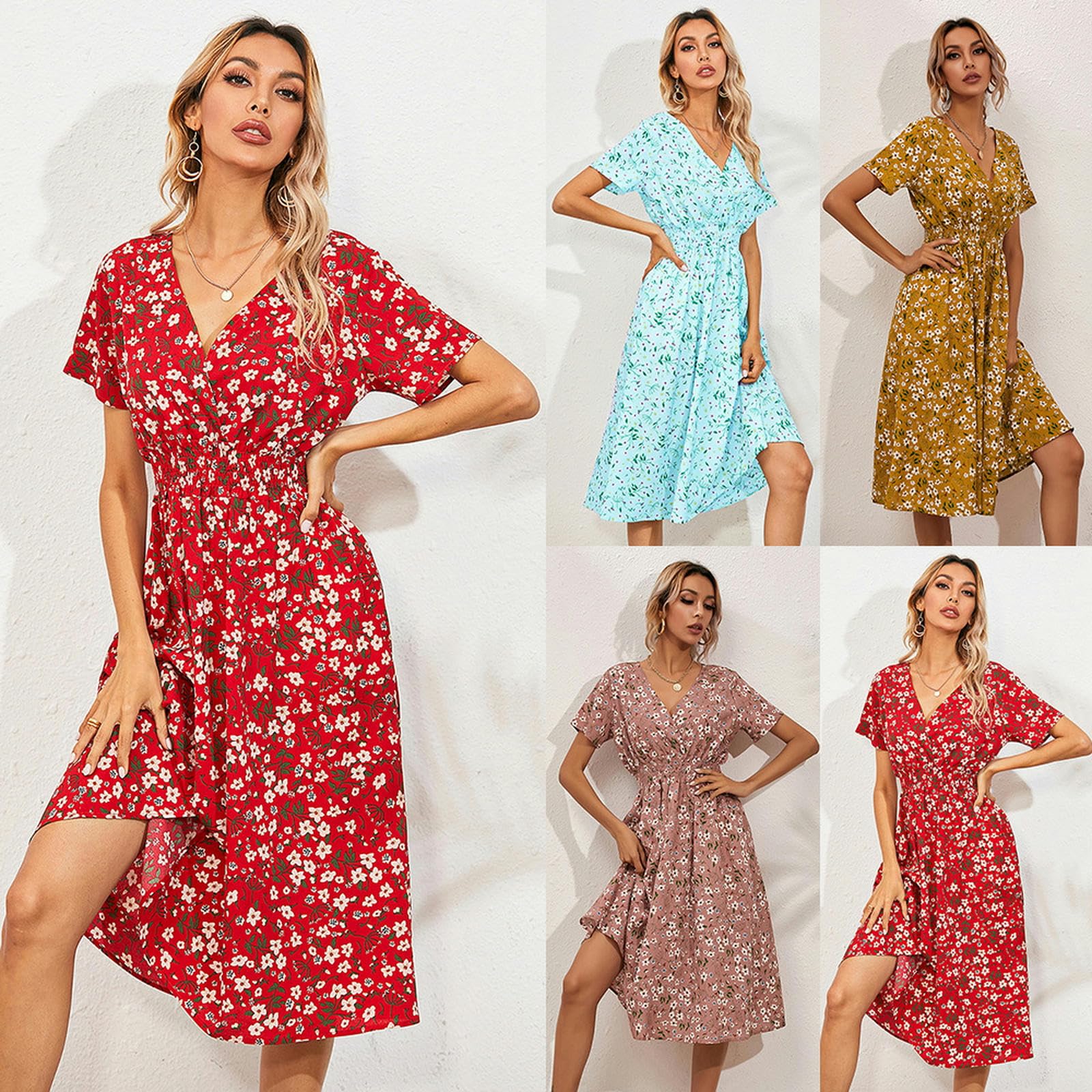 Ropa de Verano para Mujeres Ropa de Verano Flores de Manga Corta Vestidos de Tirantes de Cuello V Vestidos de Mujer Casual Hasta la Rodilla, HUTALIM, Blanco, s
