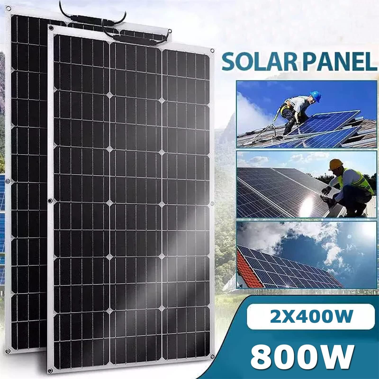 Sistema di Kit di Pannelli Solari da 800 W, Modulo Solare Monocristallino Flessibile da 2 Pezzi 400 W 18 V per Camper, Barca, Tenda, Auto, Rimorchio, Ricarica della Batteria