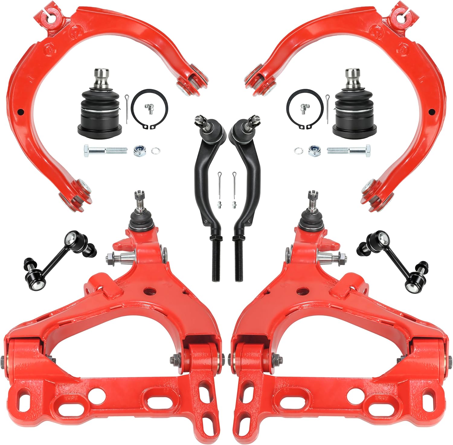 10pc Front Lower & Upper Control Arms Kit for 2004-2007 Chevy Trailblazer GMC Envoy XL Buick Rainier 9-7X Ascender, 4 Control Arms, Upper Ball Joints Tie Rod Sway Bar Link Replacement