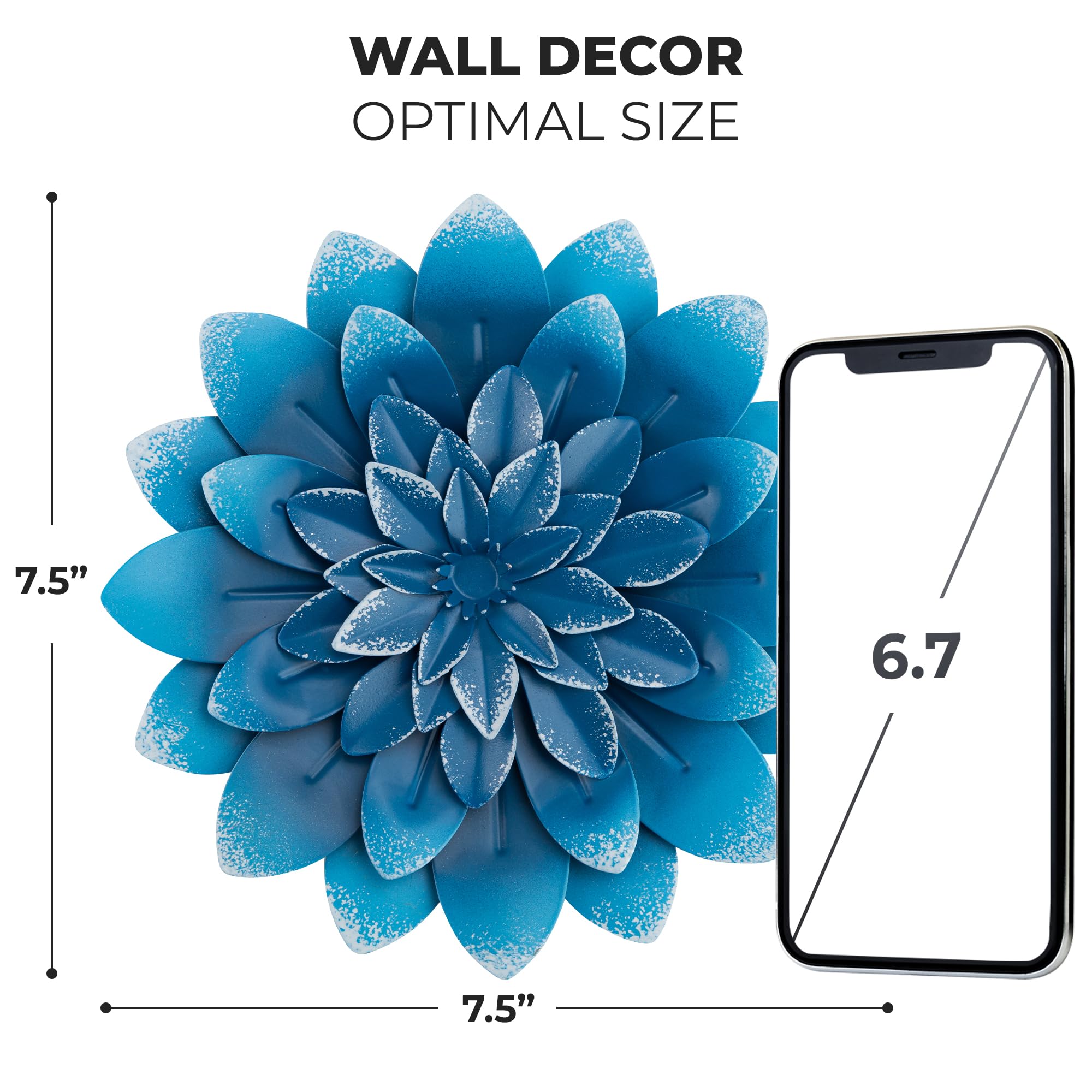 Decoración de pared de flores de metal suculentas, azul, pintadas a mano, decoración artística de flores 3D para sala de estar, dormitorio, cocina, baño, decoración floral para uso en 8
