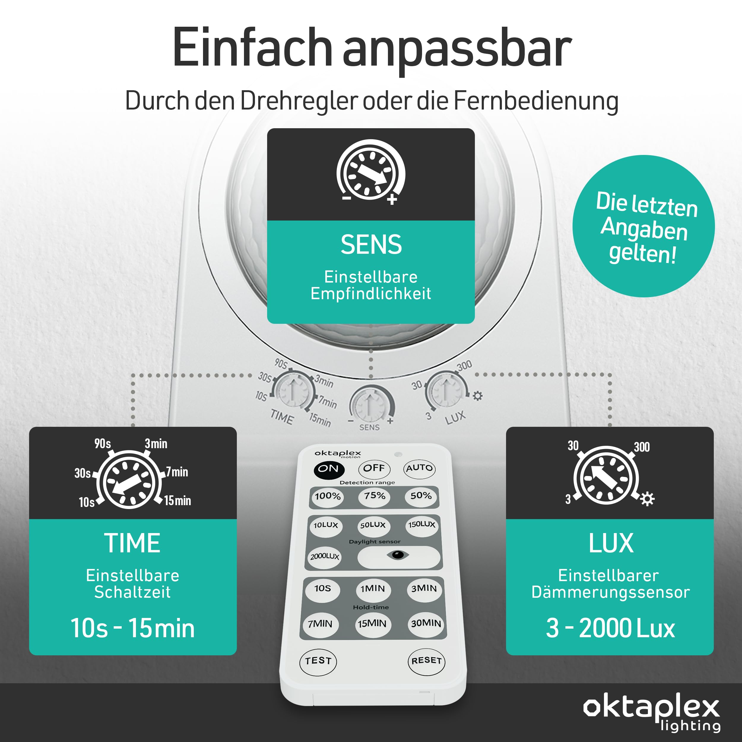 Oktaplex Cali Außenstrahler mit Bewegungsmelder und Fernbedienung 3000lm warmweiß 3000K Außenbeleuchtung 26W IP65 LED Strahler weiß