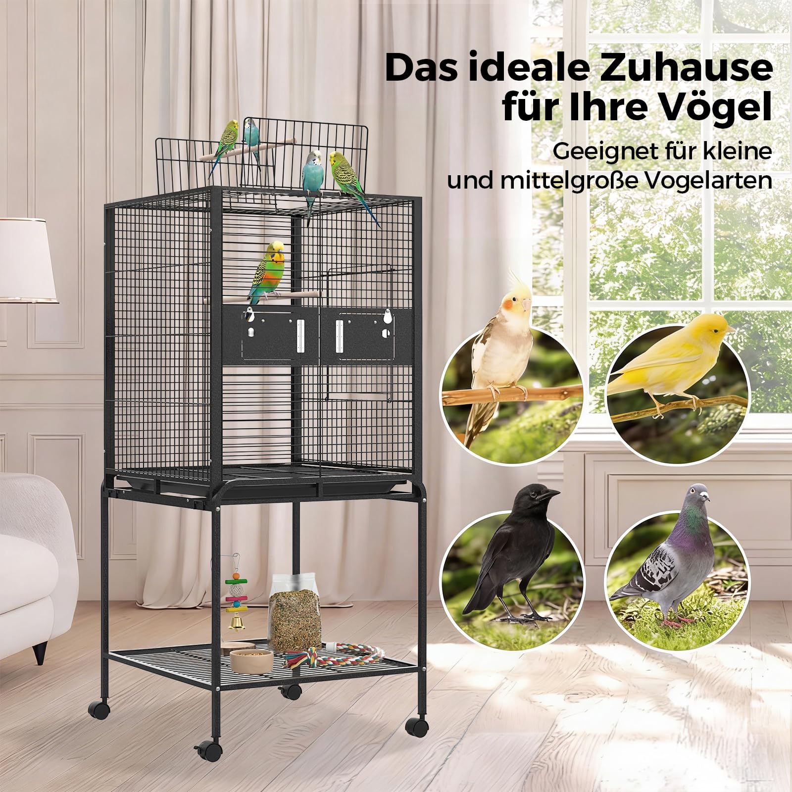 146cm Vogelkäfig Groß mit Ständer und Rollen, Vogelvoliere mit Herausziehbarer Bodenschale, Sitzstangen und Futternäpfen, Käfig für Wellensittiche, Nymphensittiche, Agaporniden