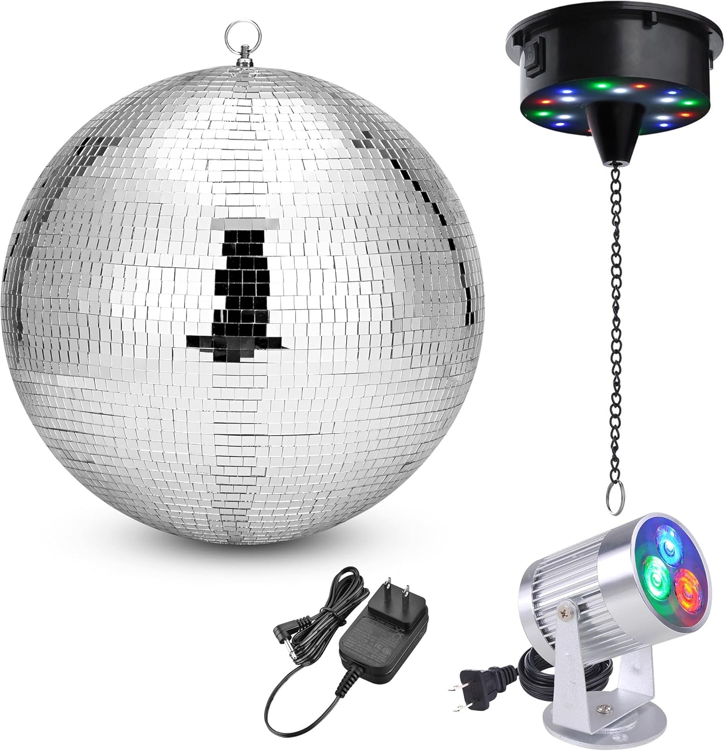 DELight 16" Disco Ball with Motor and Light 6RPM Rotator & 3W RGB Spotlight for 70s 80s Party DJ Bands Dance Club Bar Wedding Event Studio Holiday Decor