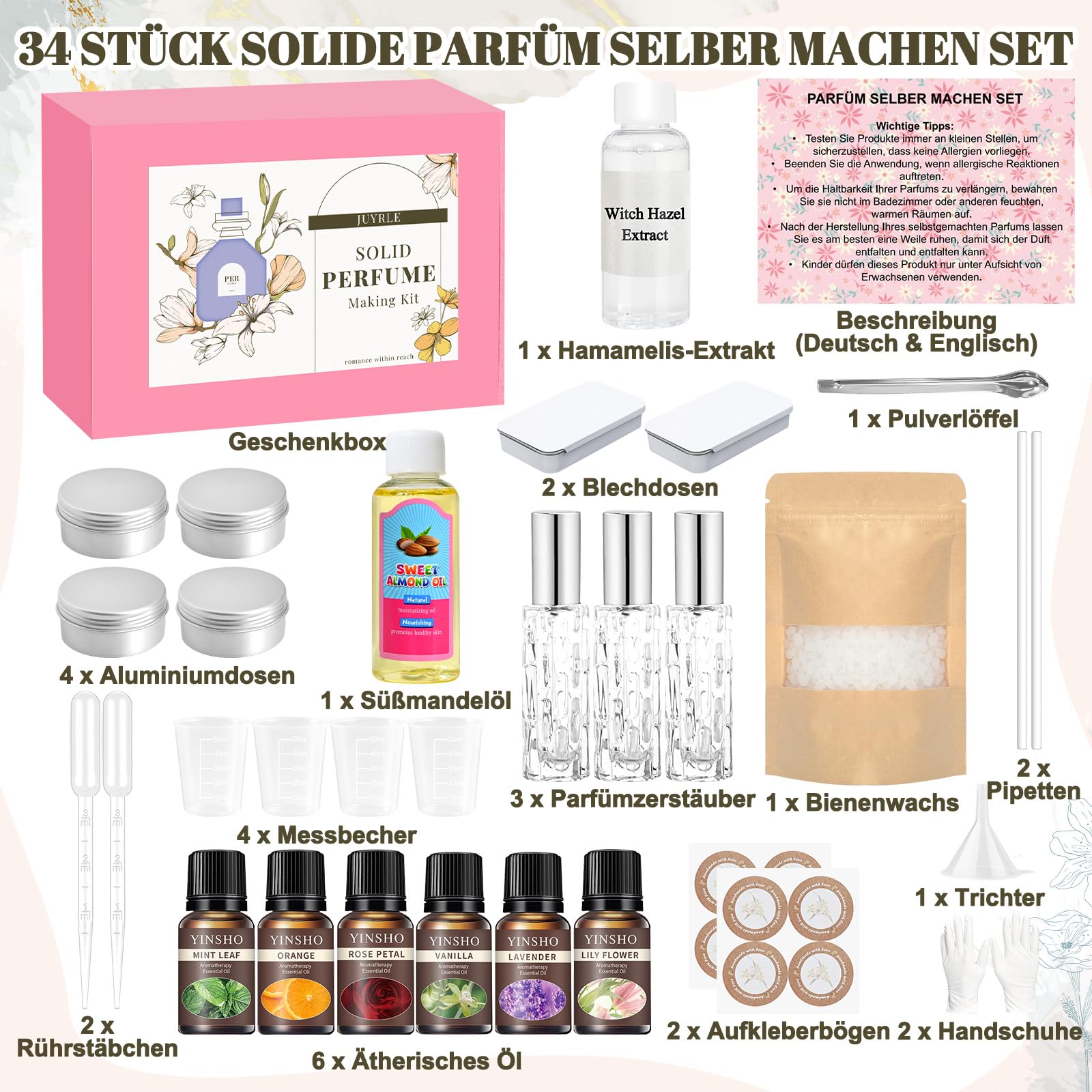 JUYRLE Parfüm Selber Machen Set, Solid Perfume Oil Making Kit, Kreative Bastelset Erwachsene DIY mit Ätherisches Öl, Mini Düfte mit Klein Sprühflasche, Als Geschenk für Damen/Frauen