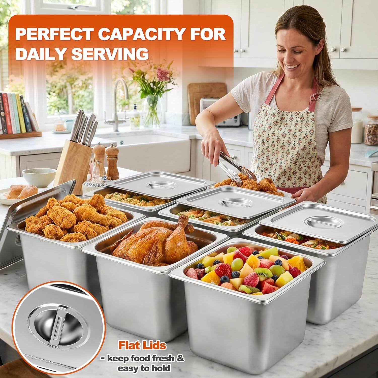 6 Pack 1/6 Size Stainless Steel Hotel Pans with Lids, 6 Inch Deep Steam Table Pans, Anti-Jam Metal Hotel Pans with Clip for Restaurant, Home, Catering Food Storage