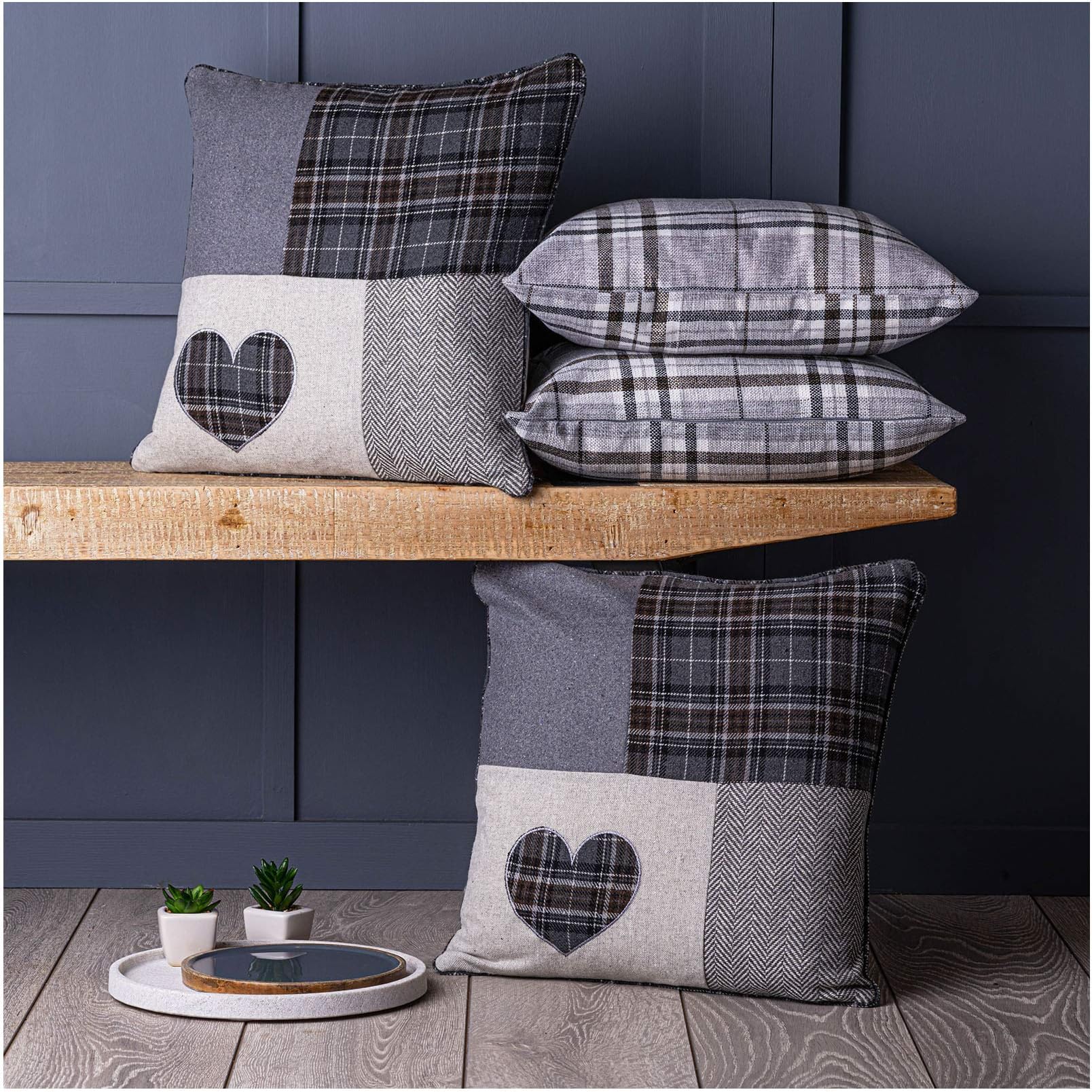 Red Rainbow Grey Patchwork Tartan Heart and Grey Tartan Check, Set of 4, 18-inch Cushion Covers