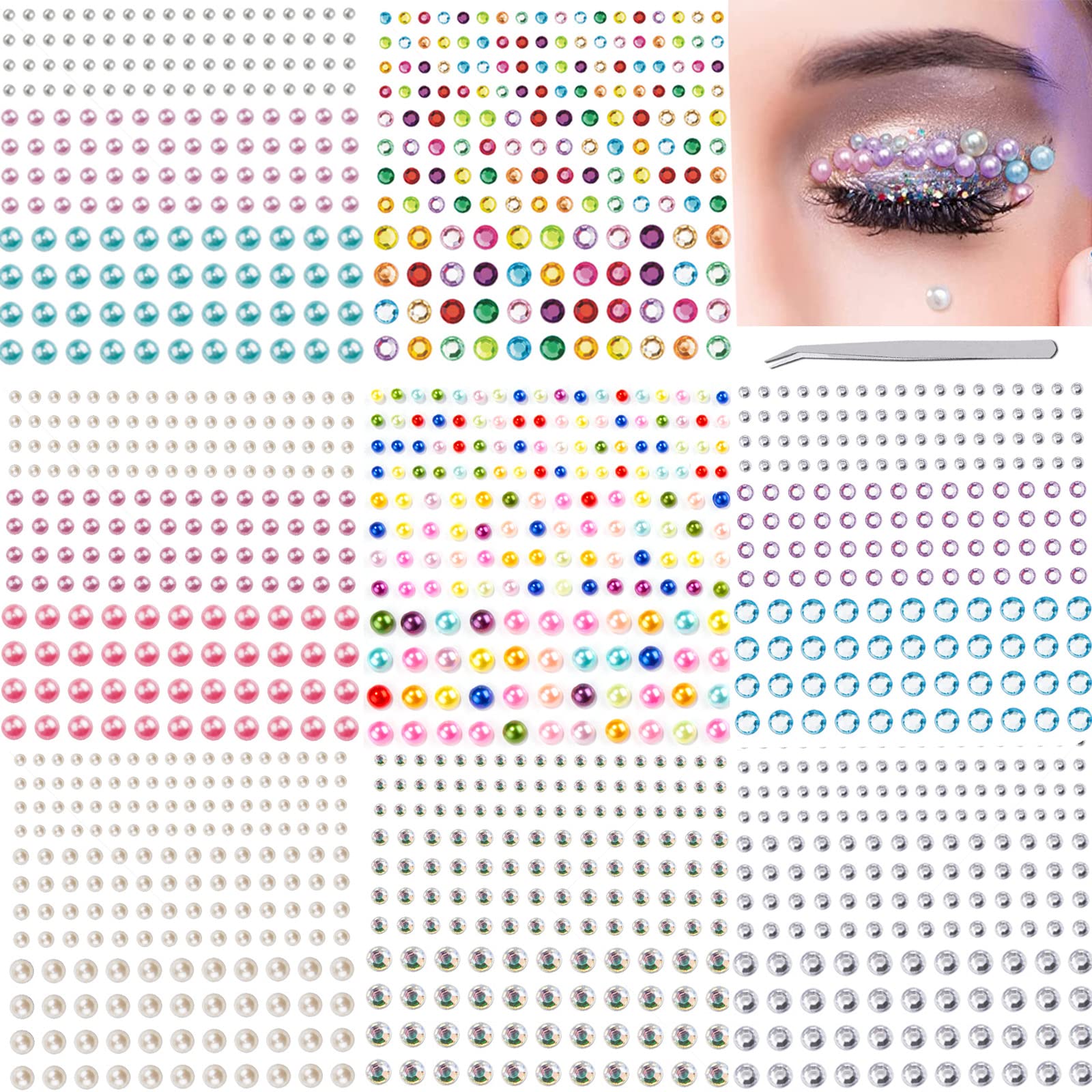 8 Sheets Face Jewels Eye Gems for Makeup, Flat Back Pearls Sticker, Makeup Pearl, Pearl Face Gems Stickers for Hair Nail Art Cell Phone DIY Crafts Scrapbooking（Pearl +Jewel Stickers）