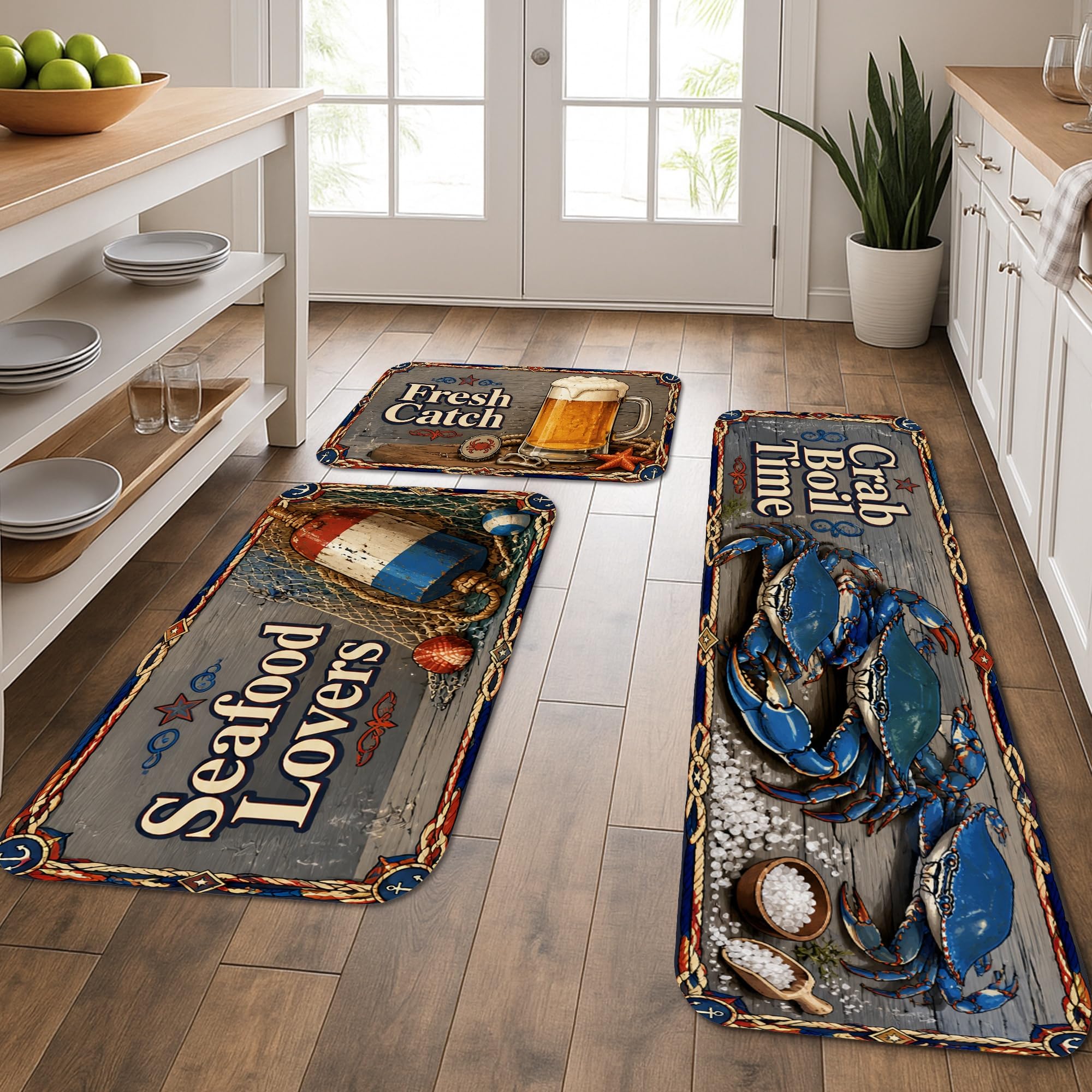 Lot de 3 tapis de cuisine nautiques crabe lavables pour sol et évier