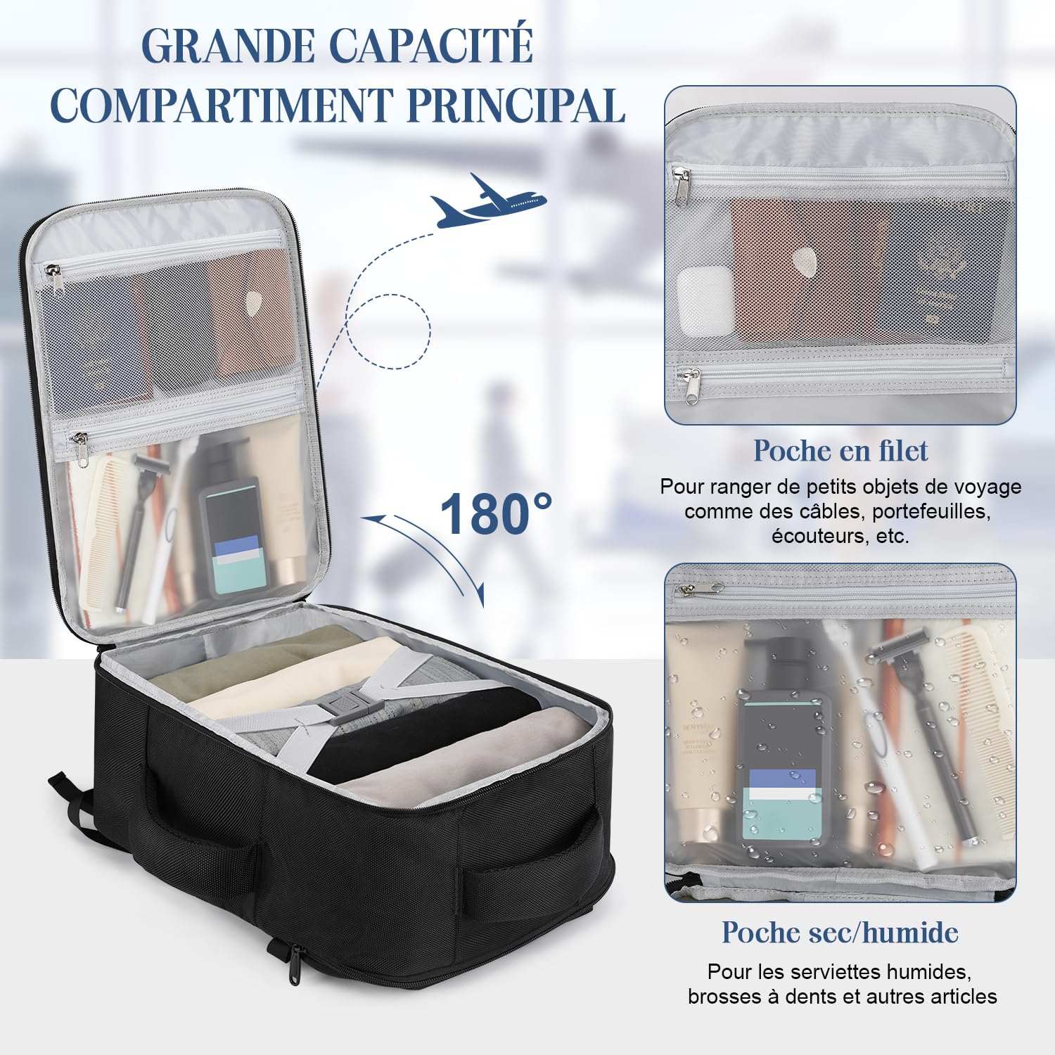 VSNOON Bagage Cabine 40x30x20, 24L Sac a Dos Voyage Cabine Avion à Main avec Poche Humides, Sac à Dos Ordinateur 15 Pouces pour Ryanair, Wizz Air, Transavia, Étanche Bagage pour Homme Femme, Noir