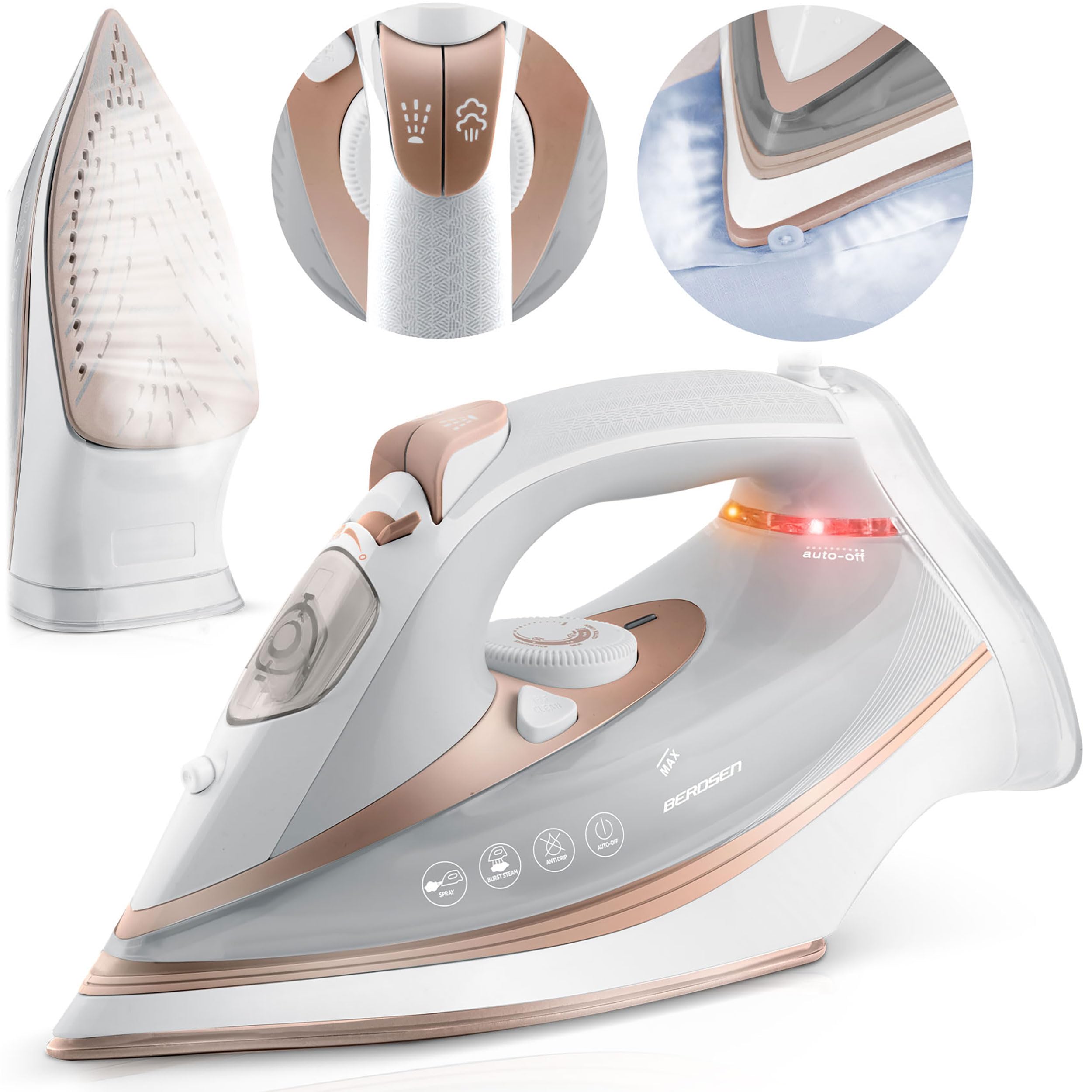 Berdsen Żelazko Parowe - 3000W z Podwójnym Wyrzutem Pary 10w1 - Powłoka Ceramiczna - Zbiornik na Wodę 360 ml - Białe