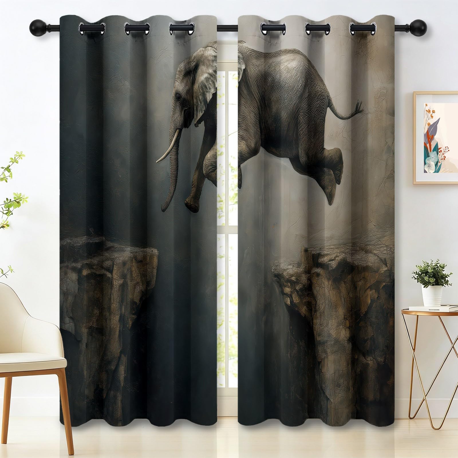 Generisch Modern Kunst Verdunkelungsvorhang, Tier Elefant Klippe Bedruckter Wärmeisoliert Vorhänge mit Ösen, Grau Vorhang für Schlafzimmer Wohnzimmer, H215 x B110 cm x 2 Vorhänge