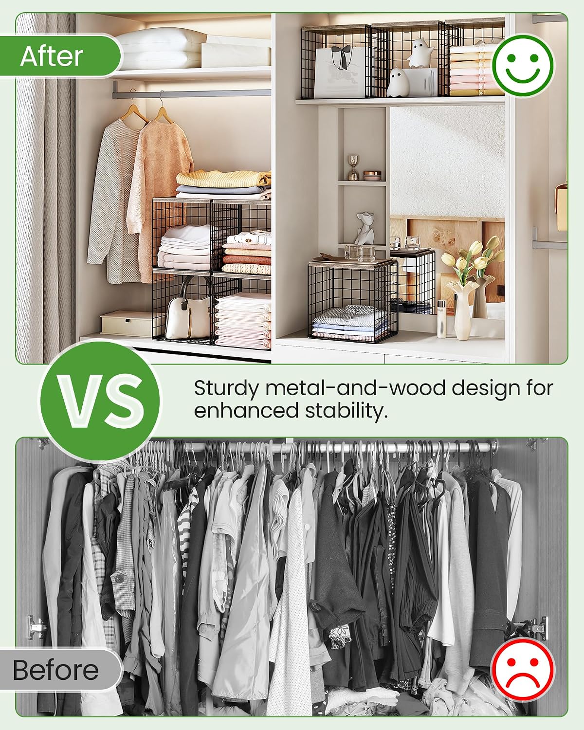 CHOEZON 4-Tier Closet Organizers and Storage, Stackable Storage Bin Baskets with Wooden Upper Surface, Closet Shelves Clothes Storage Cubes for Wardrobe and Closet Organization, Greige and Black