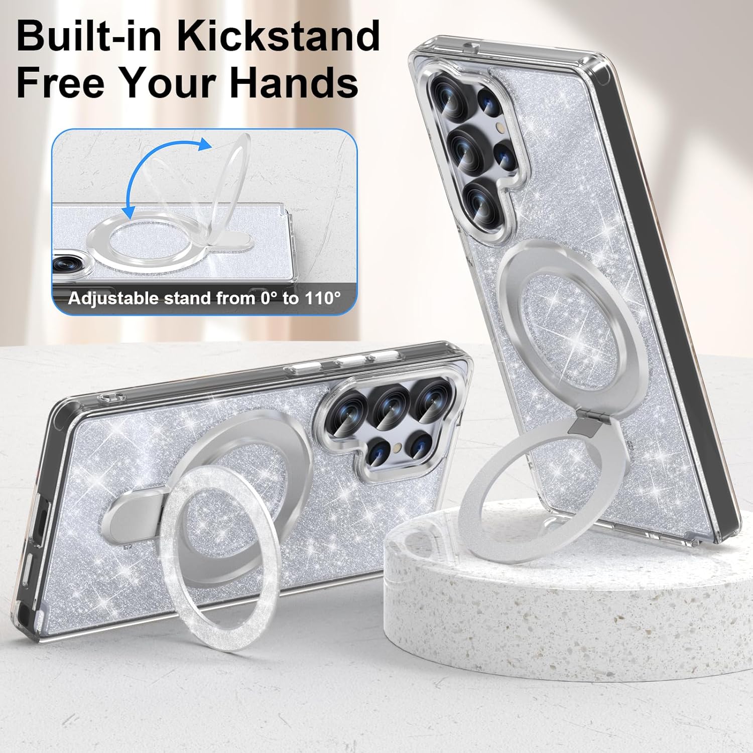 WATACHE for Samsung Galaxy S25 Ultra Case, Glitter Sparkle Bling Heavy Duty Shockproof Protective with Kickstand, Anti-Scratch Cover Case for Samsung Galaxy S25 Ultra(Silver with Bracelet) - Image 3