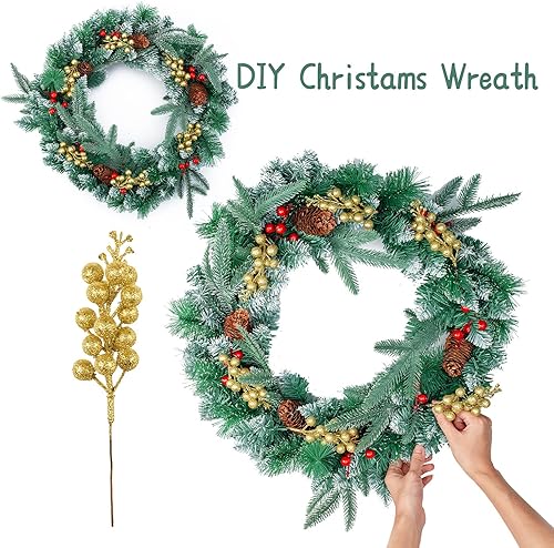 Vista 43 de Crafare Paquete de 24 tallos de bayas con purpurina de Navidad artificiales para relleno de árbol de Navidad, coronas, manualidades, decoración