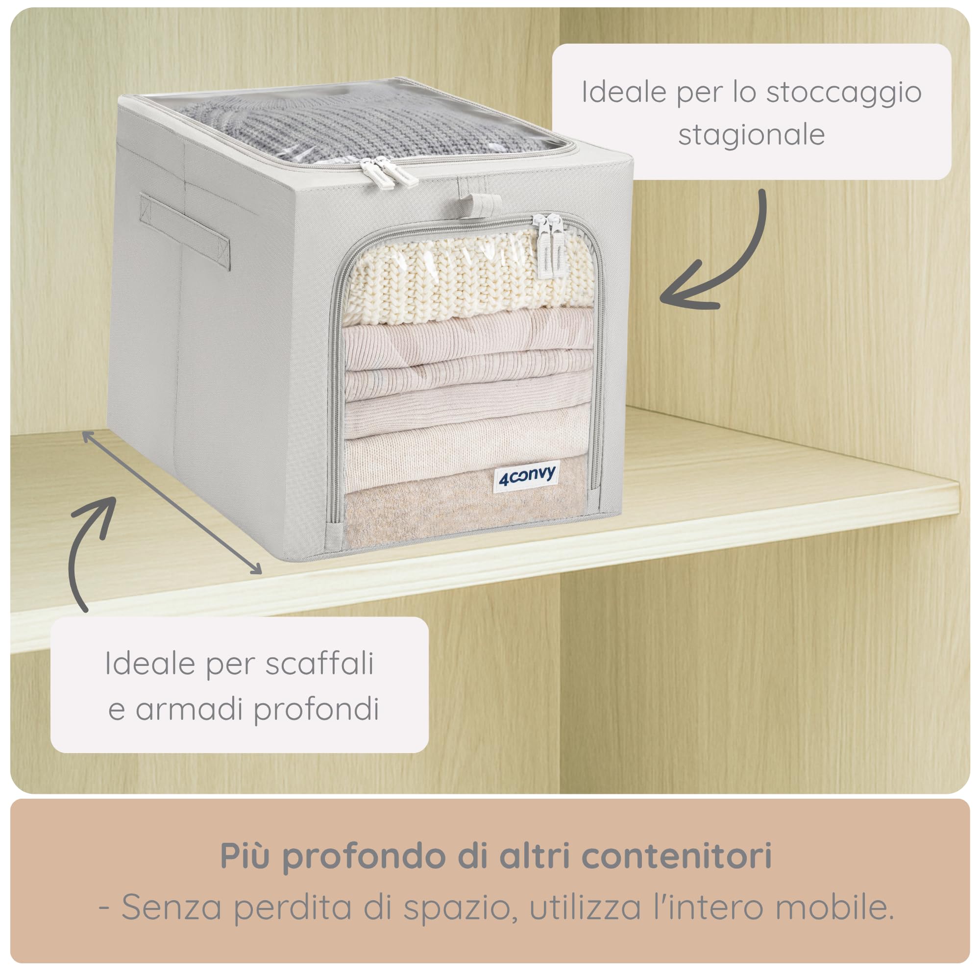 4CONVY Scatole per Armadio Rigide con Cerniera, 2 finestre trasparenti–[2024 MATERIALE AGGIORNATO] Contenitori per Armadio per Vestiti, Organizzatore Armadio con Struttura in Metallo Pieghevole -3x40L