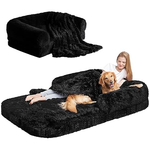 EHEYCIGA Foldable Human Dog Bed, 72"x44"x11" Orthopedic Memory Foam Human Sized Dog Bed, Waterproof Pet Bed for People, Faux Fur Pet Couch for Adult with Non-Slip Bottom, Black - 72x44x11(Folded 44x36) - Black