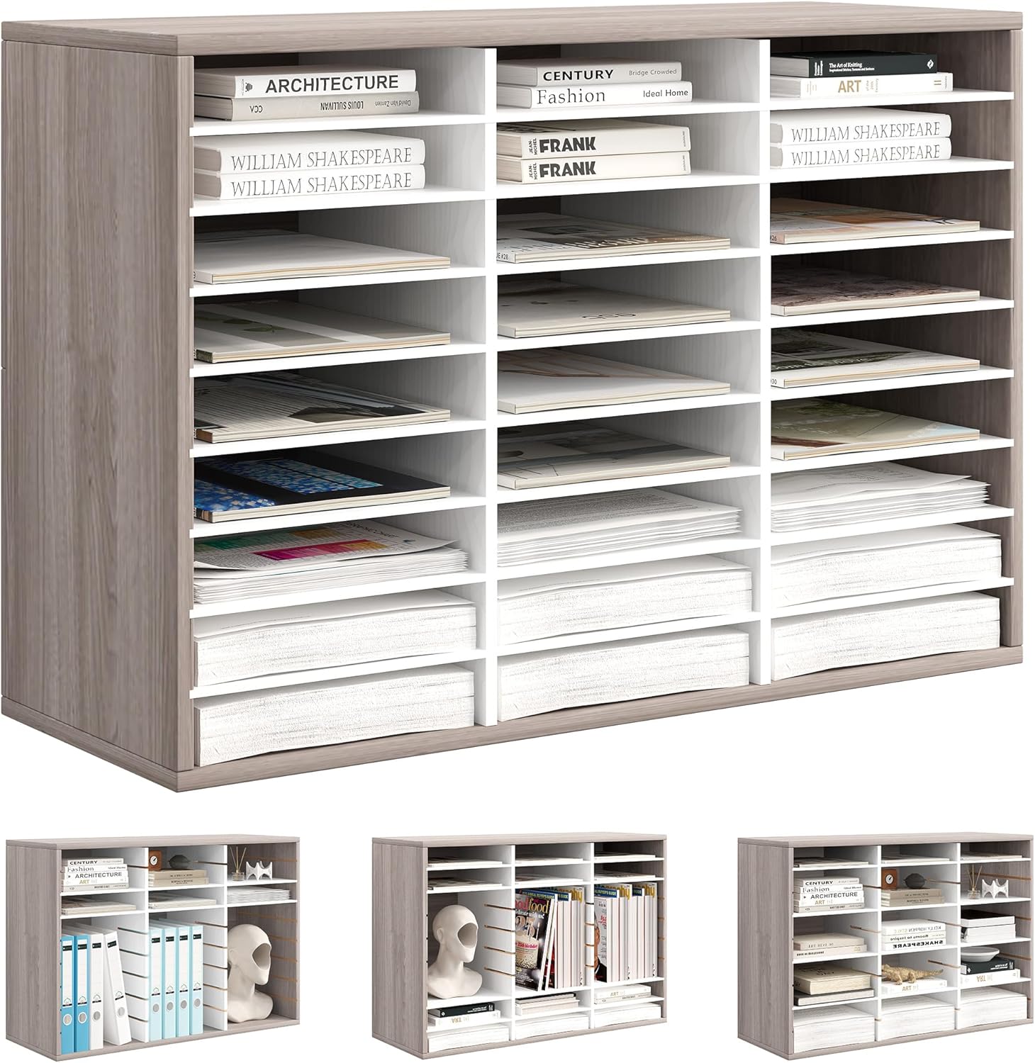 Alpeir Wood Desk Paper Organizer, Hold 13500 Sheets A4 Papers, 27 Slots Adjustable Literature Organizer with Removable Shelves, Classroom Mailbox for Teacher Student Assignment, Retro Grey/White