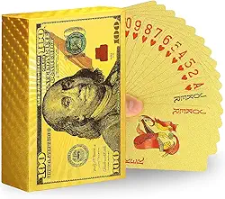 Baralho Dourado Luxo 54 Cartas com 2 Coringas Resistente à Água Nota 100 Dólares Jogo de Cartas Premium para Presente e Colecionador Deck Truco Dolar Impermeável