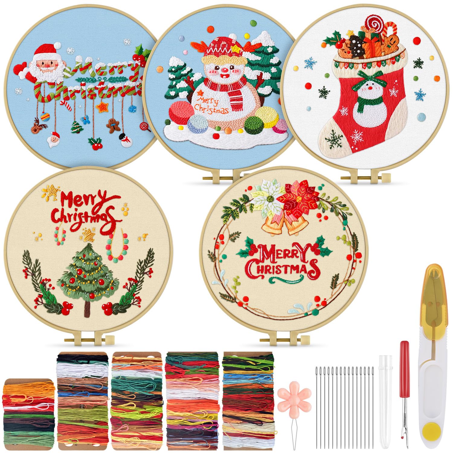 TINDTOP Christmas Embroidery Kit for Adult, 5 Pack Embroidery DIY Starter Kit, with Stamped Patterns, Hoop, Tools, Colorful Threads with Needles, Instructions