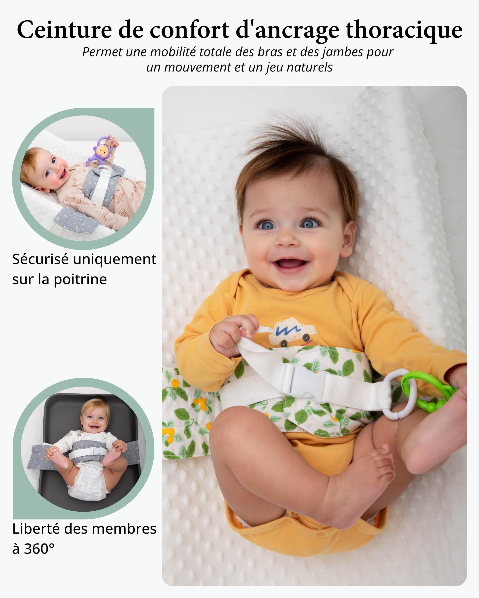 Harnais-Sécurité pour Table à Langer – Doux, réglable & sécurisé anti-évasion pour 0–24 mois. Compatibilité universelle pour matelas à langer et tables à langer, confortable & portable (Gris)