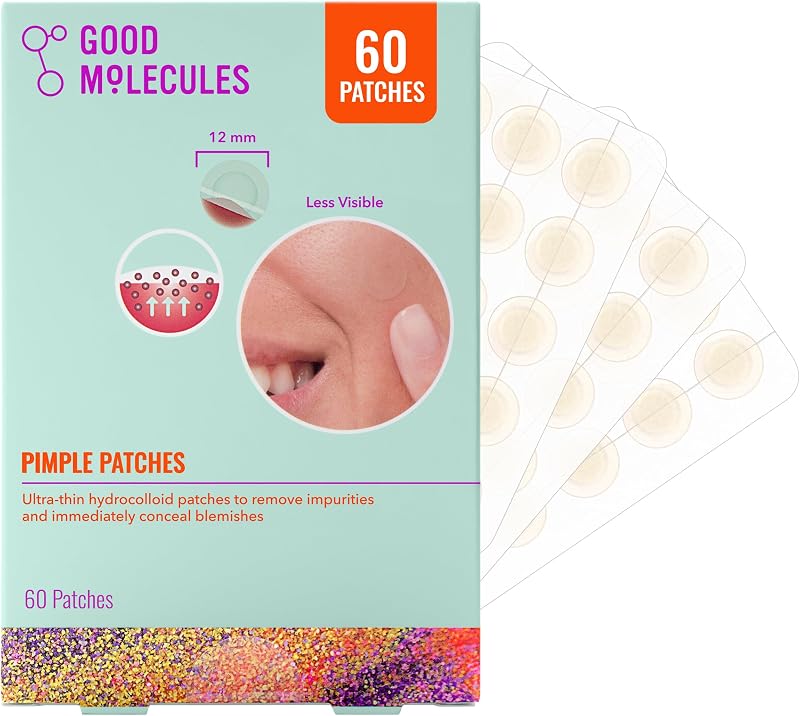 Pimple Patches, Hydrocolloid Patches for Face, 60 Count | Ultra-thin hydrocolloid patches that remove impurities and conceal pimples, zits, and blemishes. Suitable for all skin types.