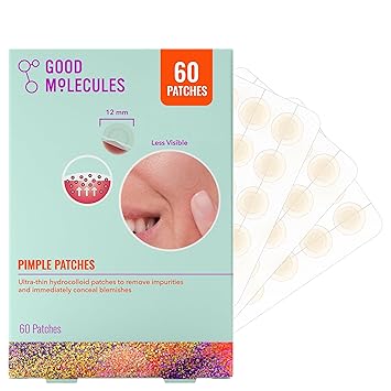 Good Molecules Pimple Patches for Face, 60 Pack Ultra-Thin Hydrocolloid Patches, Invisible Under Makeup, Conceals Blemishes, Blackheads & Zits, Suitable for Acne-Prone Skin
