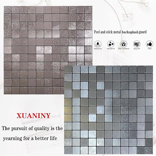 Miniatura 5 de XUANINY Azulejos de 10 hojas de azulejos en muro para despegar y pegar, superficie de aluminio cepillado de mosaico de metal para pared de cocina