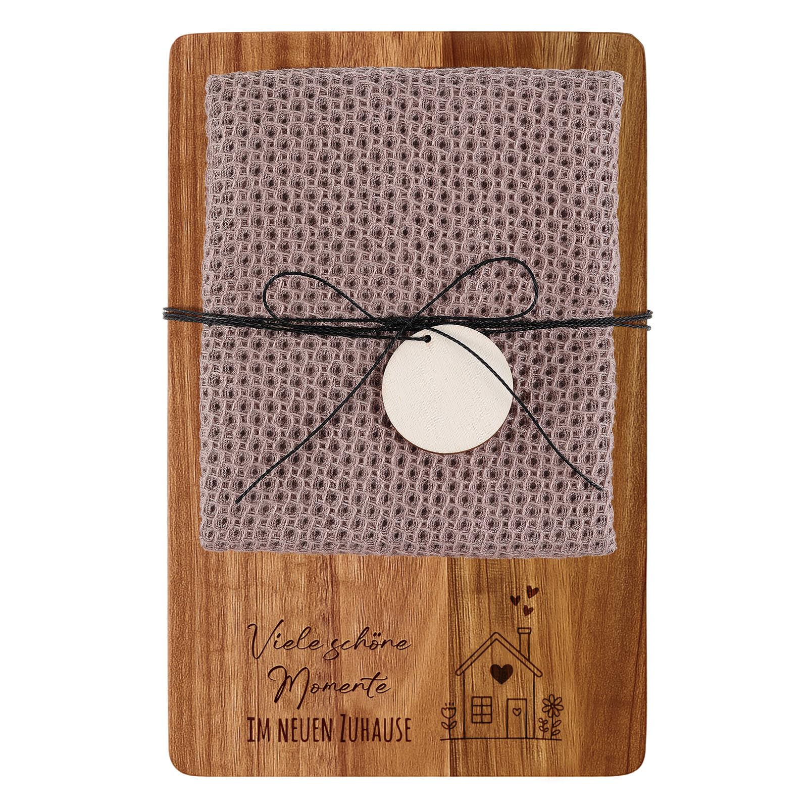 Xuniea Einweihungsgeschenk 23 x 15 cm Holz Frühstücksbrett Baumwolle Küchentuch Neues Zuhause Geschenk zum Einzug Wohnung Geschenk zum Einzug Richtfestgeschenk(Viele Schöne Momente im Neuen Zuhause)