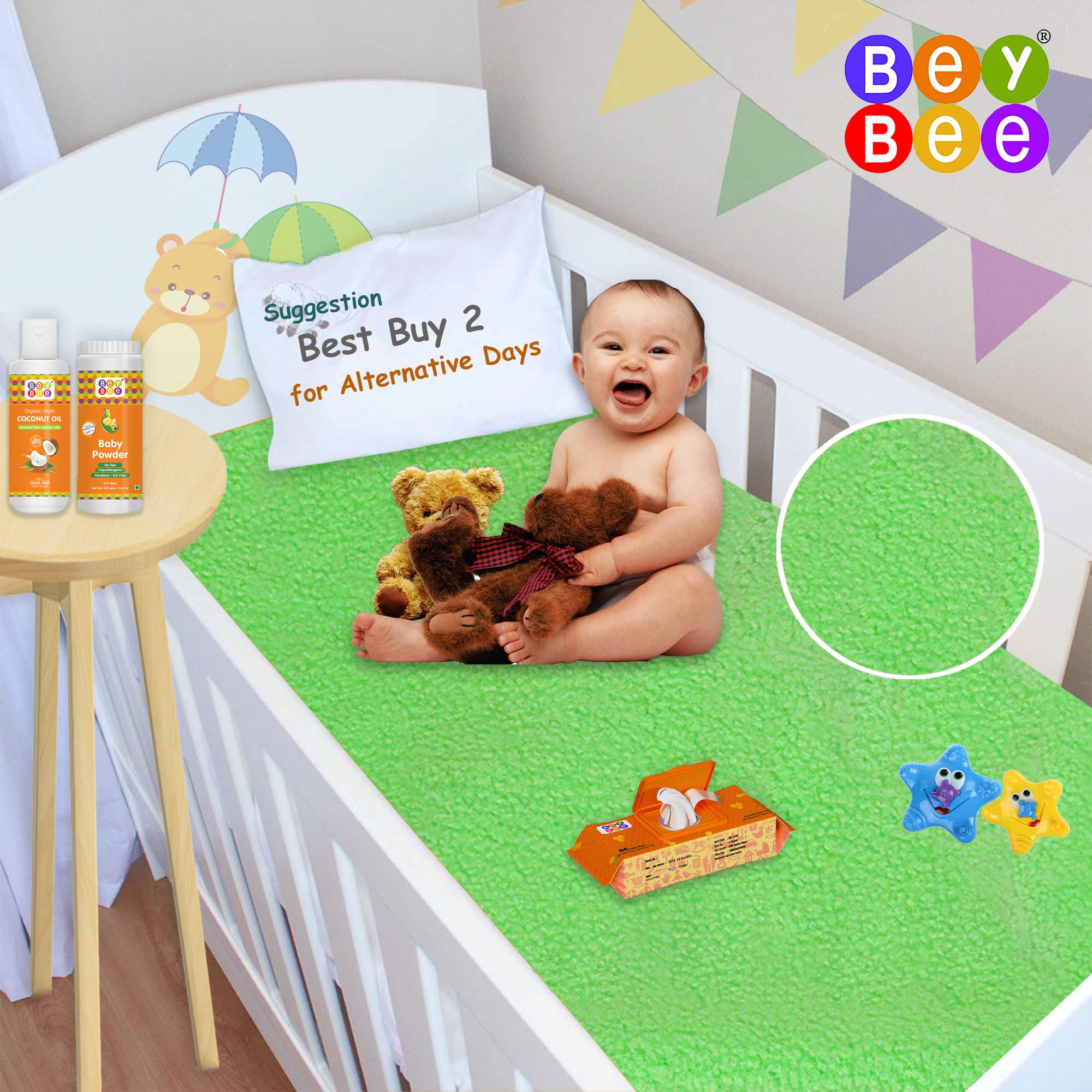Bey Bee Waterproof Bed Protector Baby Dry Sheet, Medium, Light Green (100 cm x 70 cm)