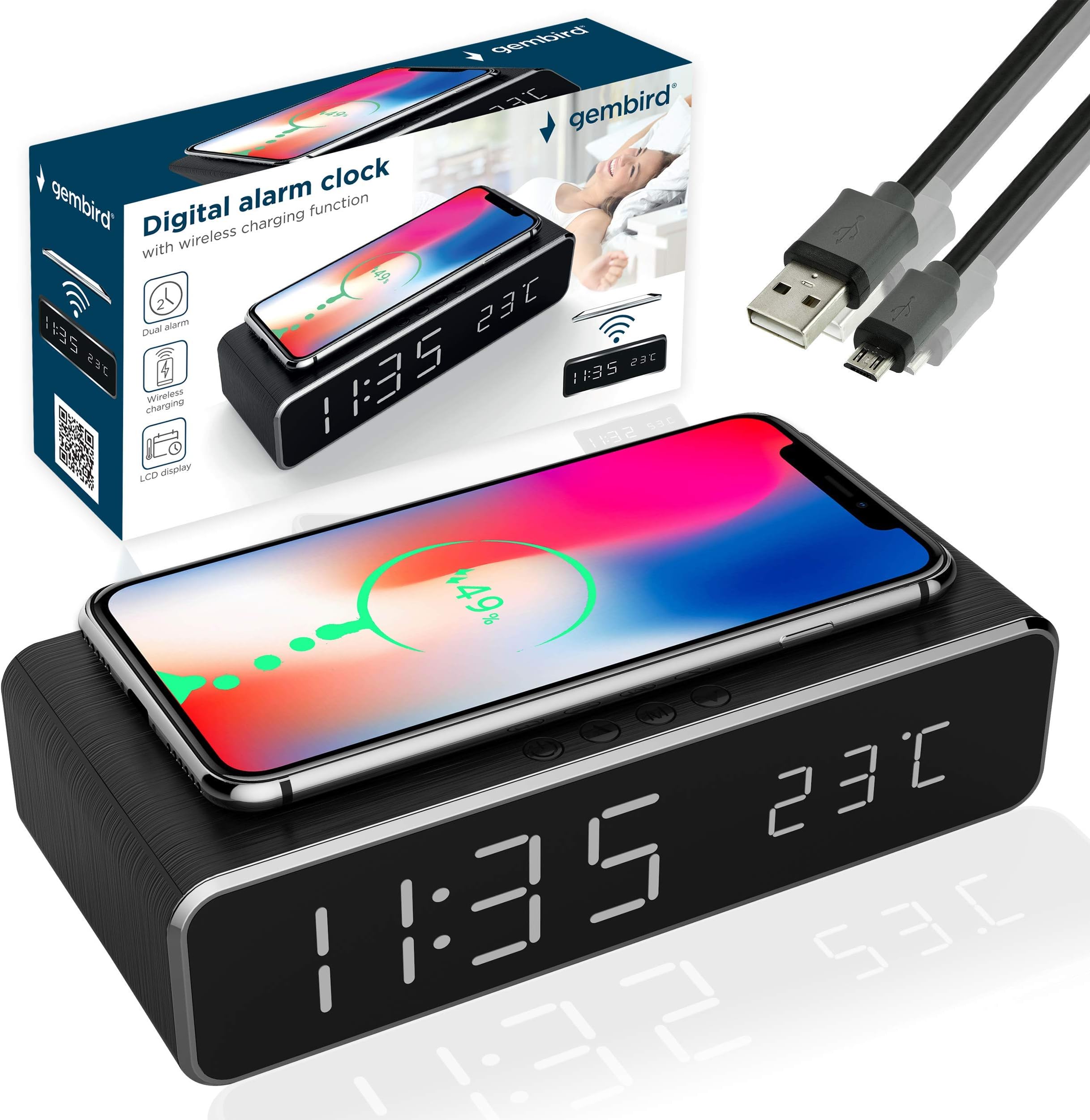 Digital Alarm Clock with Wireless Charging QI Function Compatible for iPhone & Samsung