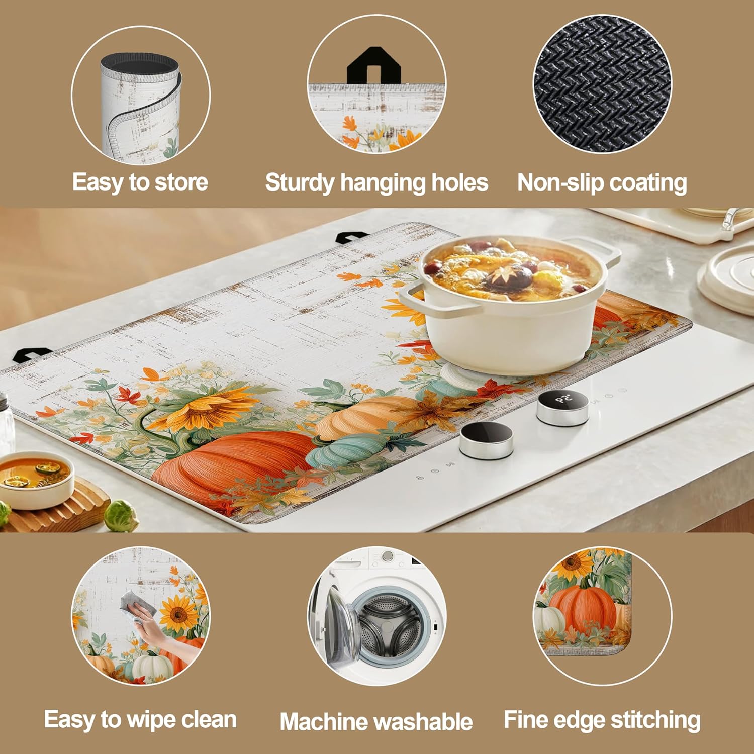 Pumpkins Sunflowers Electric Stove Top Cover Protector,Fall Leaves Heat Resistant Glass Top Stove Oven Induction Cooktop Mat with Rubber for Kitchen Top Covers 28.5×20.5 in