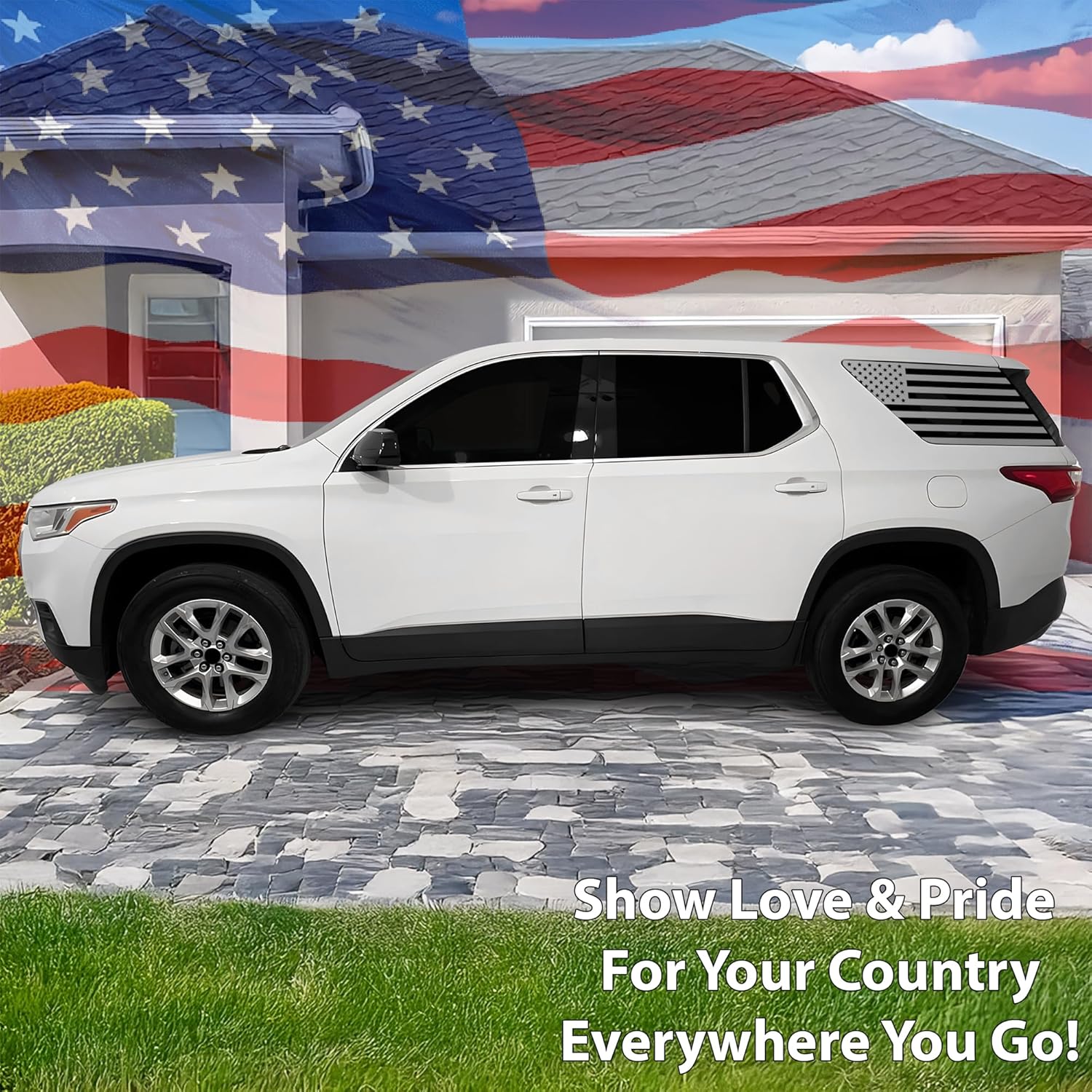 bogar tech designs - precut american flag rear side quarter window decal stickers compatible with chevy traverse 2018-2023, matte black solid black