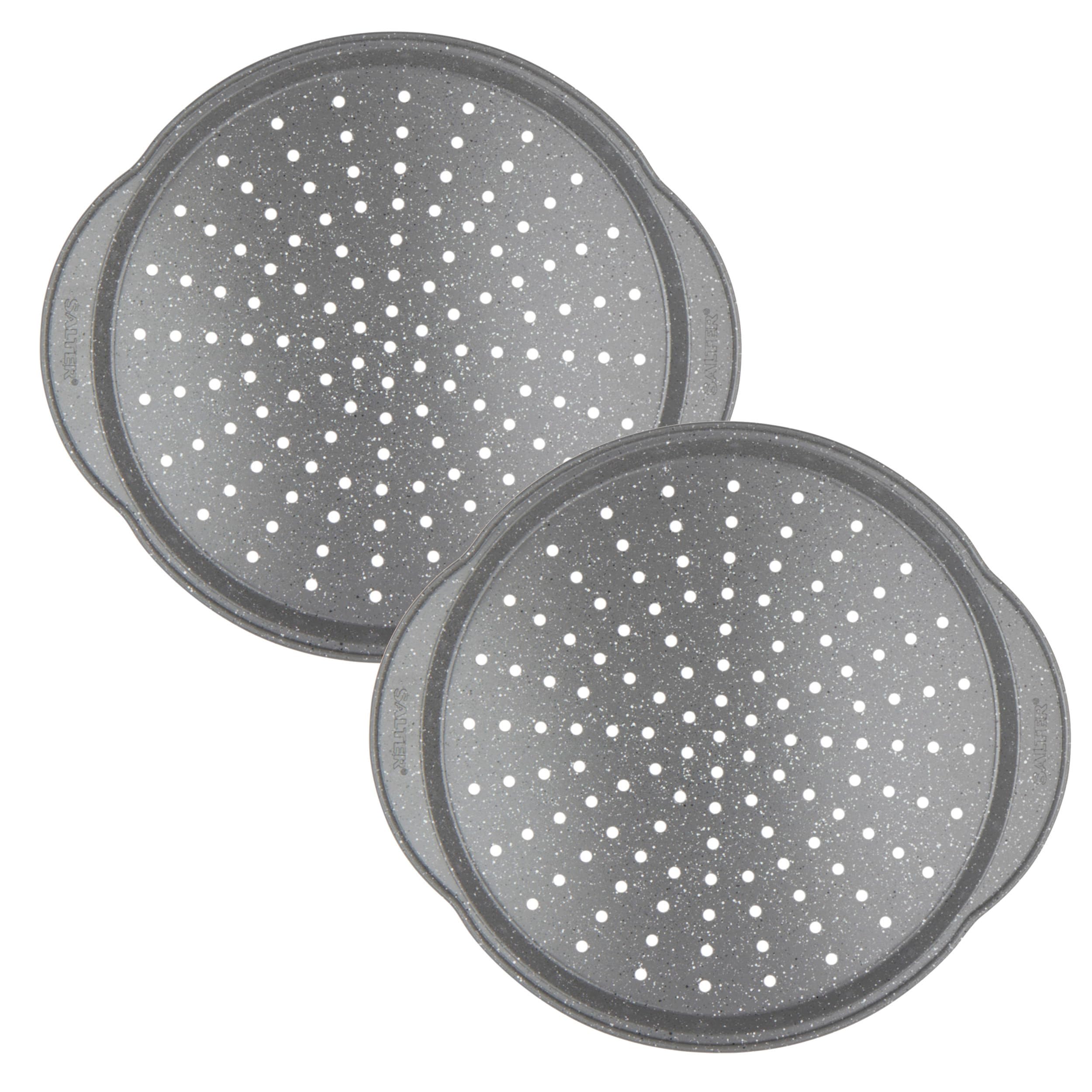 Salter COMBO-9012 Marblestone 37 cm Pizza Tray – 2 Pack, Non-Stick Oven Sheet with Handles, Perforated Crisper Base, Oven Safe up to 220°c, Carbon Steel Ovenware, Easy to Clean, PFOA-Free Chip Tray