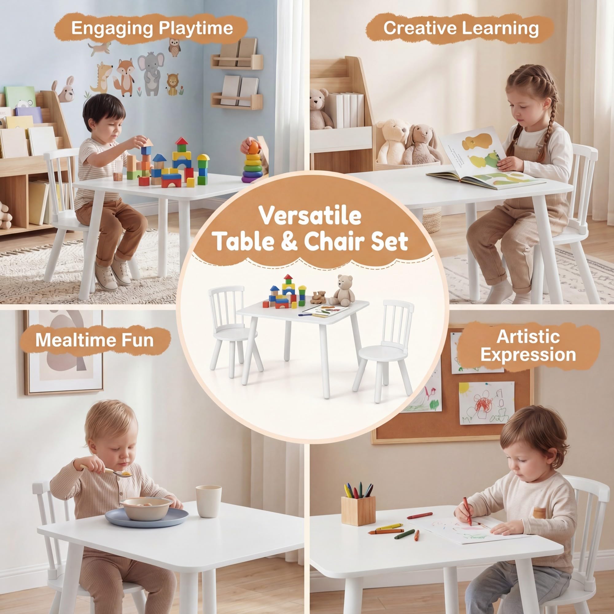 LIFEZEAL Kindertisch mit 2 Stühlen, 3-teilig Kindersitzgruppe für Jungen & Mädchen, Sitzgruppe Kinder Holz, Kinder-Tisch-Stuhl Set Kindermöbel Sitzgruppe für Kinderzimmer, Kindergärten (Weiß)