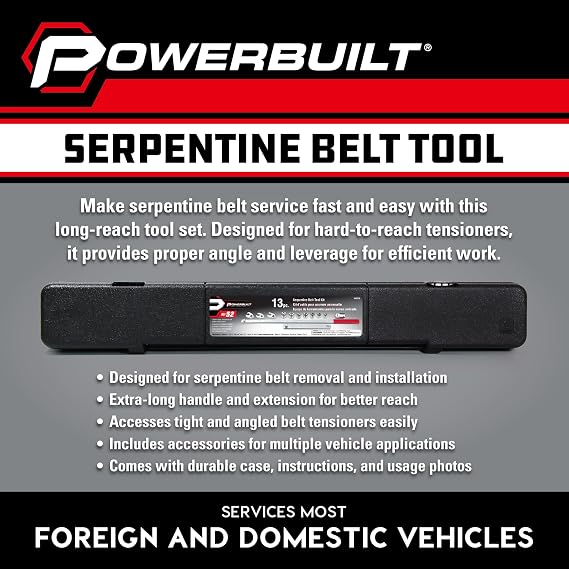 Powerbuilt Serpentine Belt Tool Set, Remove and Install Car Vehicle Serpentine Belts, for Spring-Loaded, Accessories and Storage Case Included - 648629,Silver