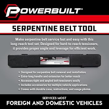 Powerbuilt Serpentine Belt Tool Set, Remove and Install Car Vehicle Serpentine Belts, for Spring-Loaded, Accessories and Storage Case Included - 648629,Silver