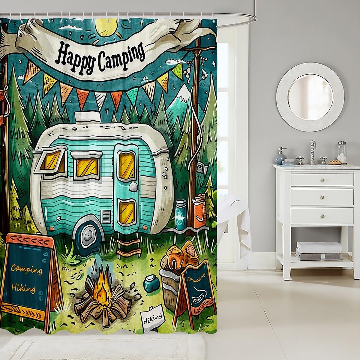 jejeloiu Happy Camping Shower Curtain Cartoon RV Camping Bath Curtain Campfire Bathroom Waterproof Accessories with 12 Hooks Travel Trailers Waterproof Polyester,72x72 Inches image 2