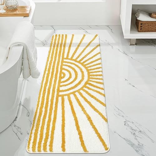 Miniatura 10 de Uphome Alfombra de baño de color amarillo y blanco, antideslizante, absorbente de agua, alfombra de baño larga, microfibra suave, lavable a máquina,